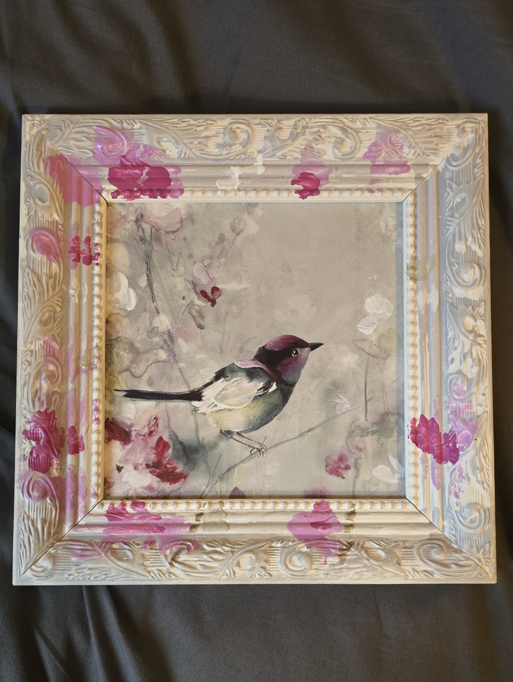 Framed Bird Wall Art in Pink and Cream Whimiscal Nature